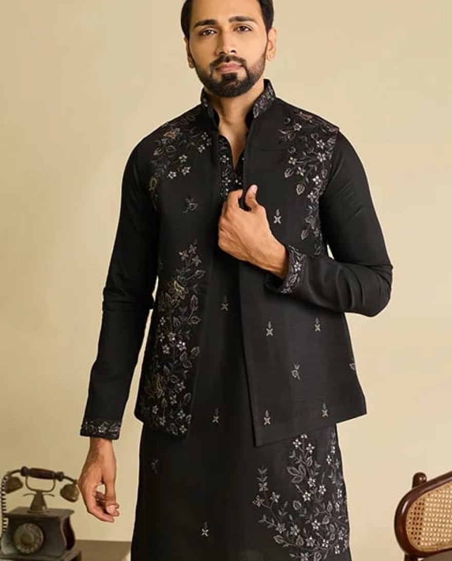 BLACK - Premium Designer Black Mirror Work Koti Kurta Set for Men